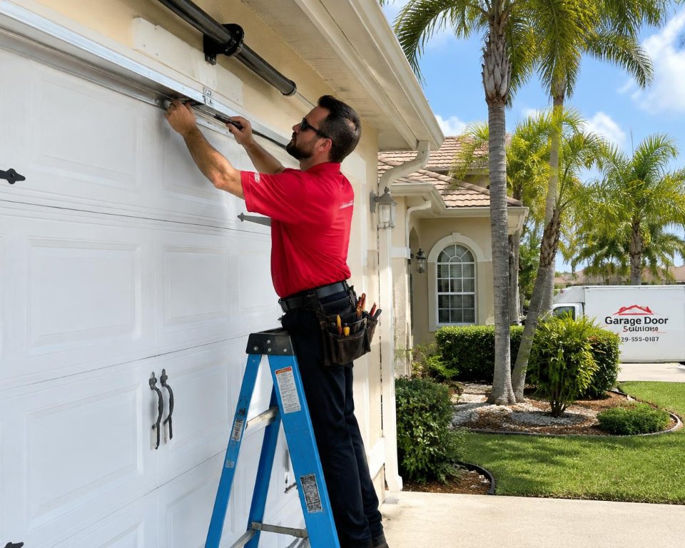 Technician repairing a garage door on a Florida home with palm trees